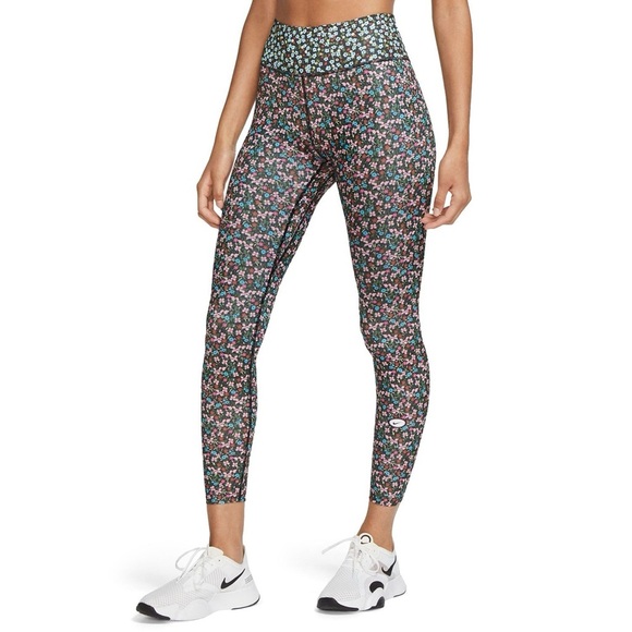 Nike One Floral Ankle Leggings DryFit Pink Blue Black Size S Workout - Picture 2 of 7